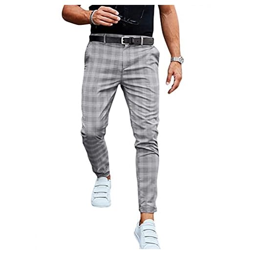Onsoyours Hommes Chino Pantalon Slim Fit Rayé Casual Élastique Pantalon à Carreaux Business Pantalon de Sport Décontracté Coupe Ajustée Pantalon GrisFoncé XXL