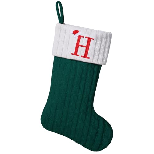 Yehnois 19" Personalized Green Knit Christmas Stockings,Embroidered Initial