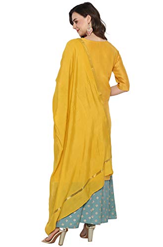 Image of Janasya Women's Yellow Poly Muslin Kurta With Palazzo and Dupatta