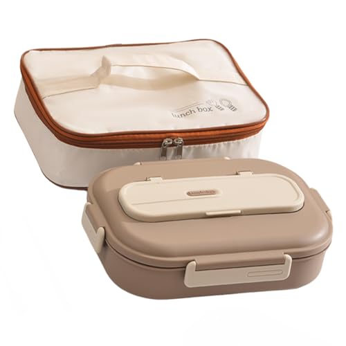 Lunch Box con Bolsa Térmica de Transporte. 4 compartimentos + bowl con cierre hermético - Incluye Cubiertos - Ideal para Trabajo y Excursiones - Colores Marrón y Crema (Marron)