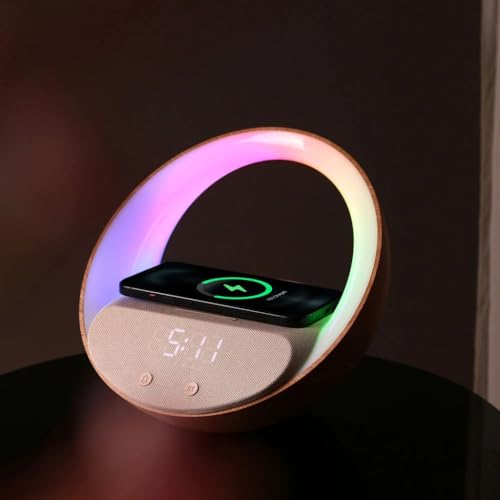 Image of Bigsmall Aura LED Lamp with Wireless Charging, Bluetooth Speaker & Digital Clock | Touch Control RGB Night Light for Bedroom, Living Room, Desk & Office