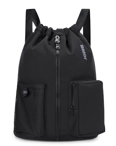 WANDF Drawstring Backpack Sports Gym Bag with Shoes Compartment, Water-Resistant String Beach Sackpack Swim Bag for Women and Men (Black)