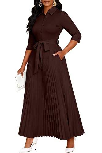 Image of Runwind Maxi Dresses for Women, 3 /4 Sleeve Botton Down Pleated Long Dress with Belt Casual Church Dress with Pockets