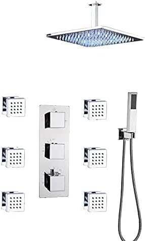 Robinet thermostatique de douche chromé avec mitigeur de baignoire et colonne pluie 16 pouces