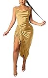 Hostoyo Sexy Club Dress for Women Party Birthday Cocktail Clubwear Spaghetti Strap Satin Side Ruched Mini Dress