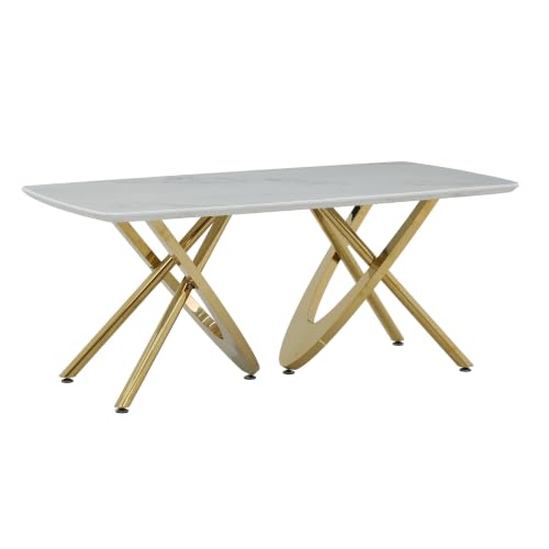 Image of Royaloak Romania Italian Marble Dining Table Six Seater | Premium Marble Top with Rounded Corners, Gold-Finished Intersecting Metal Legs & Contemporary Design | Elegant Dining Table Without Chair
