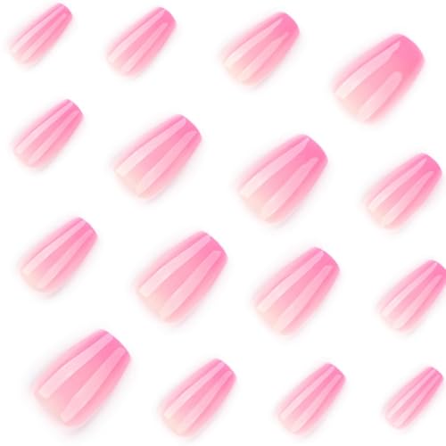 Image of Short Press on Nails Pink Ombre Fake Nails Short Coffin Glue on Nails Glossy False Nail French Tip Stick on Nail Nature Reusable Artificial Acrylic Full Cover Nail for Women Manicure 24Pcs