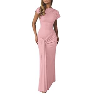 Mojessy Women Bodycon Maxi Dress Sexy Mock Neck Lace Up Bandage Ruched Short Sleeve Long Dress Cocktail Dress