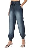 TheMogan Women's Chic Paperbag High Waist Chambray Joggers w Elastic Cuffs Tencel Pants Midnight 1X