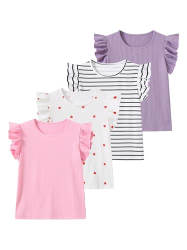 Image of Girls 4 Packs Tees Ruffle Short Sleeve T-Shirt Ribbed Knit Casual Summer Tunic Tops 4-12 Years