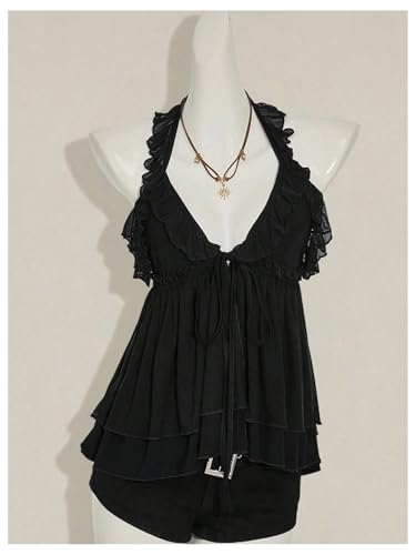 Women's Mesh Ruffle Layered Halter Tops Backless Tie Front V Neck Tank Top Going Out Sleeveless Top4