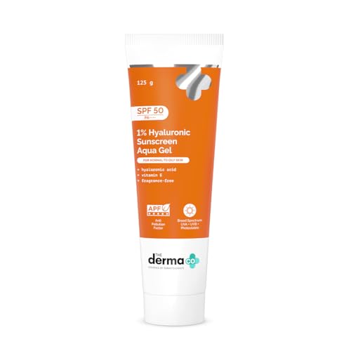 The Derma Co 1% Hyaluronic Sunscreen Aqua Gel with SPF 50 & PA++++ | Broad Spectrum UVA/B & Blue Light Protection | Suits Oily to Normal Skin | 4.41 Oz/125 g