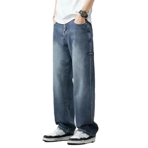 Men Loose Jeans Breathable Korean Straight Trousers Vintage Denim Jeans Pants Blue 33