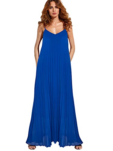 MODECRUSH Womens Summer Casual Loose Dress V Neck Sleeveless Chiffon Dresses Long Cami Maxi Dress with Pocket RoyalBlue