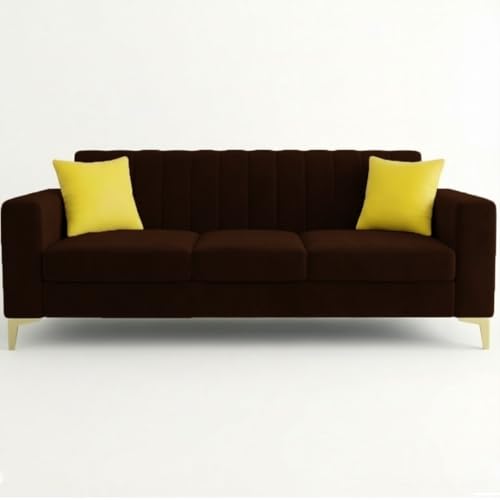 Image of FURNY Alona 3 Seater Fabric Sofa Set (Dark Brown) Premium Velvet Finish | Durable & Comfortable Ideal for Living Room, Offices