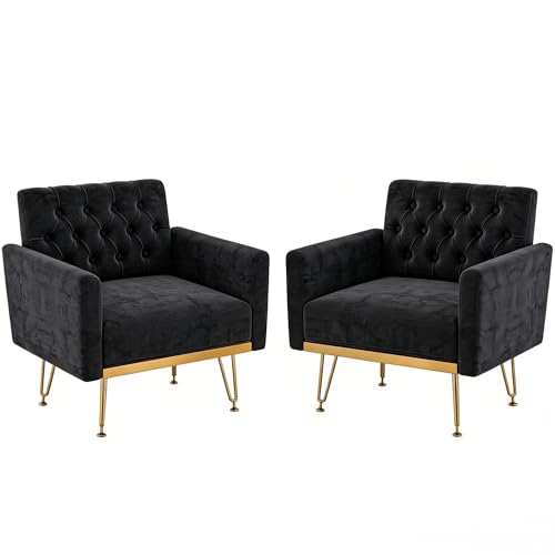 Olela Accent Chair with Arm for Living Room, Velvet Modern Armchair Single Sofa Cozy Tufted Upholstered Reading Side Chairs with Gold Metal Leg for Bedroom Decorate, Black