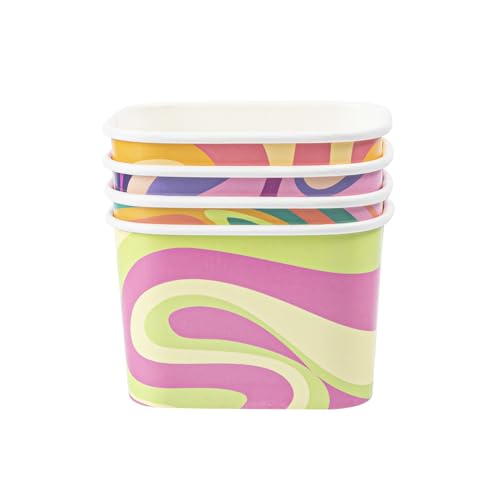 Image of Restaurantware Paper Cups 200 Count 12 Ounce Square Disposable Ice Cream Containers, Leak-Resistant Paper Dessert To Go Cups, Hot And Cold Food, Durable Assorted Groovy Design