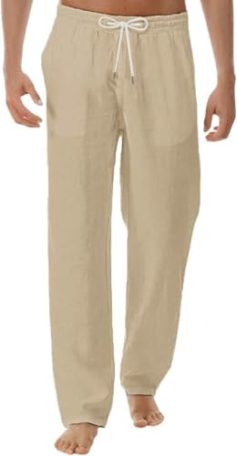 Men's Elastic Waist Drawstring Beach Pants Lightweight Straight Legs Yoga Pant Vacation Casual Linen Trousers (Khaki,Large)