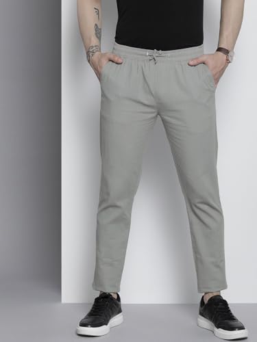 Image of The Indian Garage Co Men Slim Fit Solid Mid-Rise Elasticated Linen Jogger Trouser