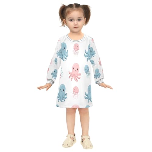 Girls Long Sleeved Dress Casual Sweatshirt Dresses Cute Octopus and Jellyfish Kids Fall Winter Dresses 2-8T2