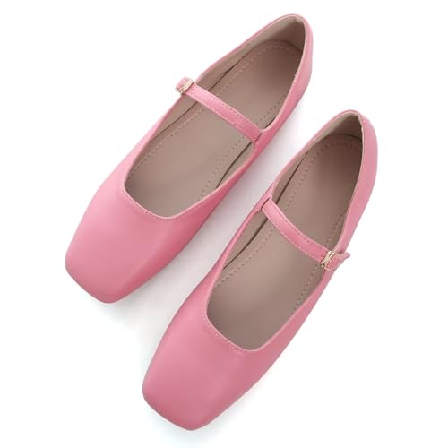 Stunner Women's Mary Jane Flats Fashion Square Toe Soft Ballet Flats Comfort Leather Office Driving Flat Shoes Pink 42(9.5)
