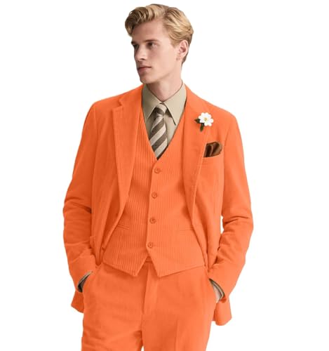 Wehilion Men Corduroy Suit 3 Piece Set Slim Fit Blazer Vest Pants Business Suits for Wedding Christmas Homecoming Party