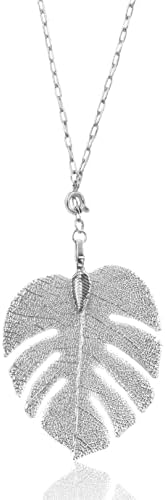 BERMEIO Silver Monstera Necklace. Trendy Long Necklaces for Women. Paperclip Chain Palm Leaf Pendant. Unique Plant Jewelry. Gifts for Women.