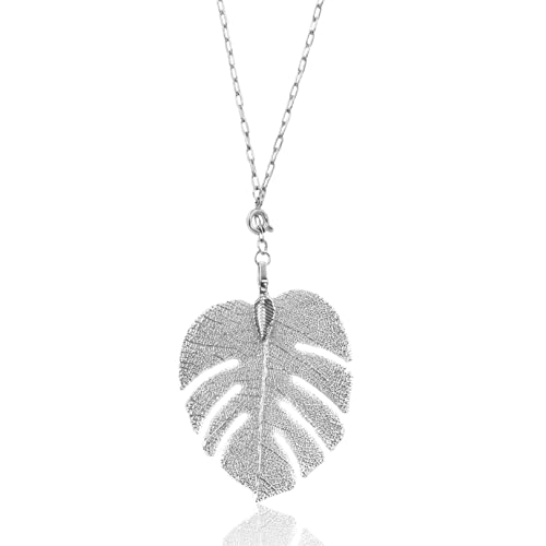 Bermeio Silver Monstera Necklace. Trendy Long Necklaces For Women. Paperclip Chain Palm Leaf Pendant. Unique Plant Jewelry. Gifts For Women. #TOP1