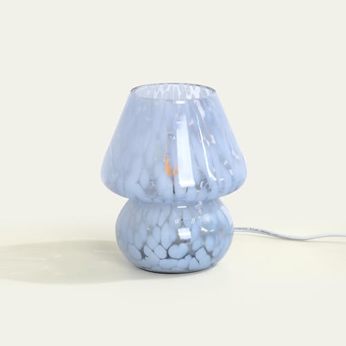 ONEWISH Translucent Glass Mushroom Lamp – Small Dimmable Bedside (Blue)