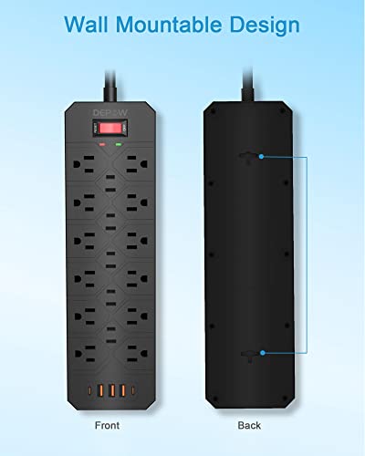 Depow Power Strip Surge Protector (3,400 Joules), 17 Ac Multiple Outlets (1875W/15A) With 3 Usb A And 2 Usb C Ports, 6.5 Ft Long Flat Plug Heavy Duty Extension Cord, Wall Mount For Home, Office, Black #TOP6