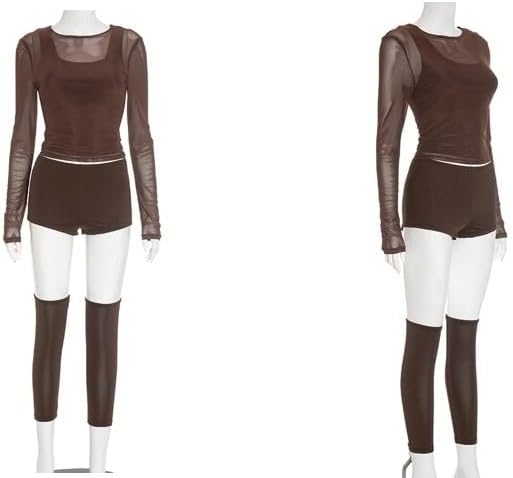 3 Piece Outfits for Women Sexy Sheer Mesh Long Sleeve Tops with Tank Bodycon Short Sets and Calf Sleeve - Image 7