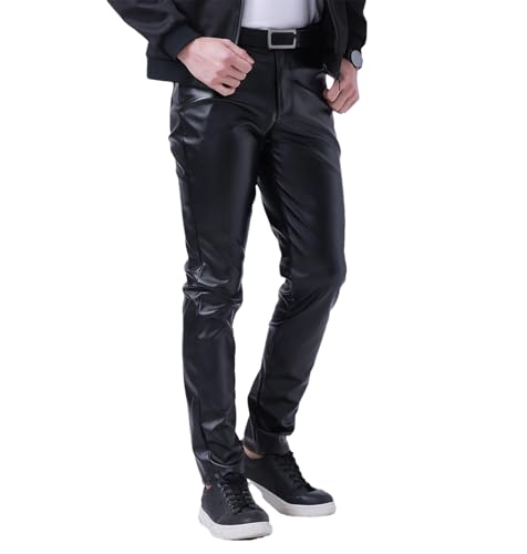 Men's Elastic Pu Leather Pants Slim Fit Faux Leather Trousers Casual Stretch Youth Style Bar Club Pants