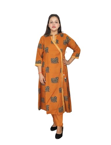 Image of Vedickulture Traditional Elephant Print Angrakha Kurta Set with Pants, Mustard Orange, Cotton, 3 /4 Sleeve