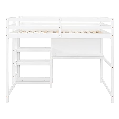 roomfitters Full-Size Wooden Loft Bed with Shelves, Built-in Desk, Writing Board, Durable Wooden Frame, Practical and Stylish Study and Sleep Arrangement, White - Thumbnail 4