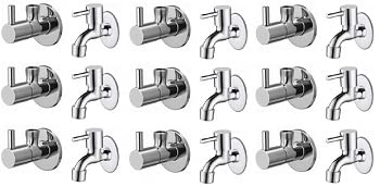 Spazio Stainless Steel Turbo Angle Valve With Bib Cock Combo Pack Foam Flow Water Taps With Wall Flange (Pack of 9) (Chrome Plated, Brass Disc)