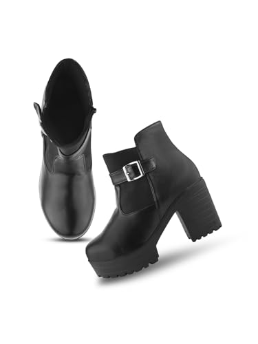 Image of JM LOOKS women Stylish Women's Block Heel Ankle Boots with Buckle Strap, Platform, and Comfortable Sole
