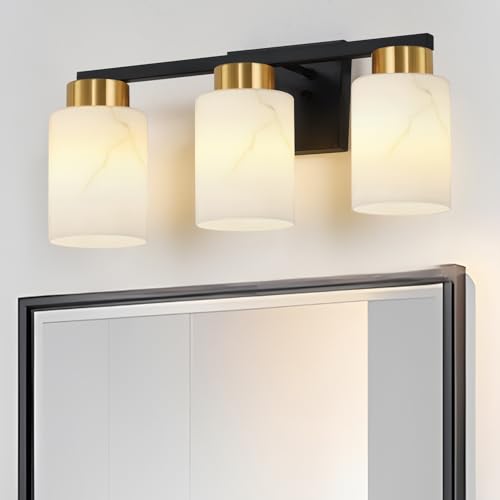 Image of 3-Light Bathroom Light Fixtures, Modern Vanity Lights, Black and Gold Metal Wall Lamp with White Marble Glass for Bathroom, Mirror, Living Room, Bedroom, Cabinet, Porch, Hallway, E26 Base