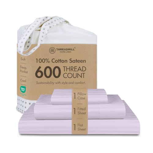 Image of Threadmill 600TC Cotton Twin Sheet Set, Sateen, Damask Stripe, Lilac