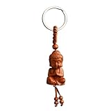 Reizteko Feng Shui Peach Wood meditative Buddha Statue Hand Carved Wooden Traditional Asian Art Vehicle Key Ring keychain Amulet
