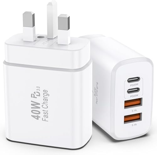 USB C Charger, 40W Multiport iPhone Charger Fast Charge Block with 4 Ports - 2 x USB-C and 2 x USB-A, Multiple Wall Charger Adapter for iPhone 17/16/15/14/13/12/11/Pro/X/iPad/Samsung (White, 2 Pack)