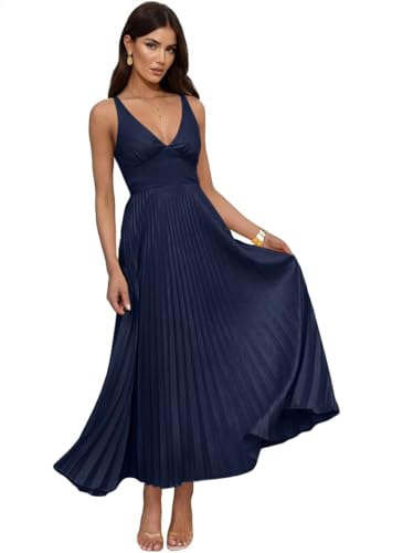 Hotexy Womens Pleated Bridesmaid Dresses for Wedding V Neck Adjustable Straps Maxi Formal Party Dress Navy Blue X-Large