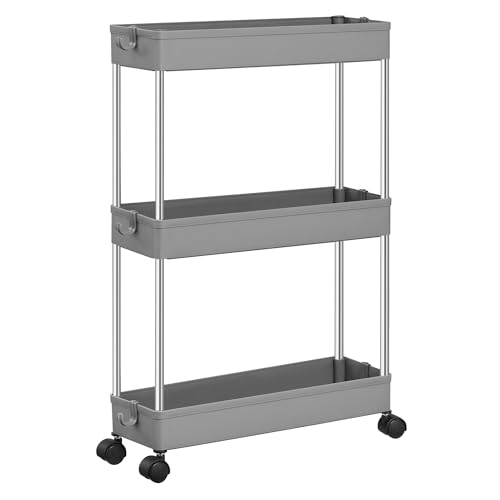 SONGMICS Carro de Almacenamiento de 3 Niveles, Carrito con Ruedas, Carro de Cocina, Ahorro de Espacio, para Baño, Oficina, 14,4 x 42 x 60,6 cm, Gris Paloma KSC007G01