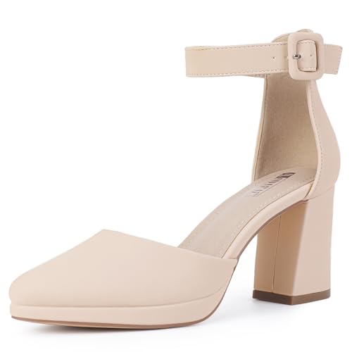 IDIFU IN3 Womens Closed Toe Heels Chunky Block Platform Pumps Pointed Toe Ankle Strap Dress Shoes for Women Comfortable Wedding Short Low Pumps Shoes