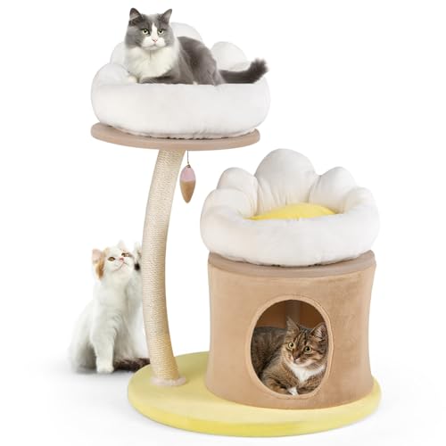 PETSITE 33 Inch Cute Cat Tree, Modern Cat Tower with Sisal Scratching Post, Cat Condo, Interactive Teasing Toy, 2 Removable and Washable Top Perches, Small Cat Tree for Indoor Cats
