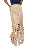 Cicy Bell Womens Hollow Out Maxi Skirts Summer High Waisted Boho Fringe Hem Long Skirt Khaki