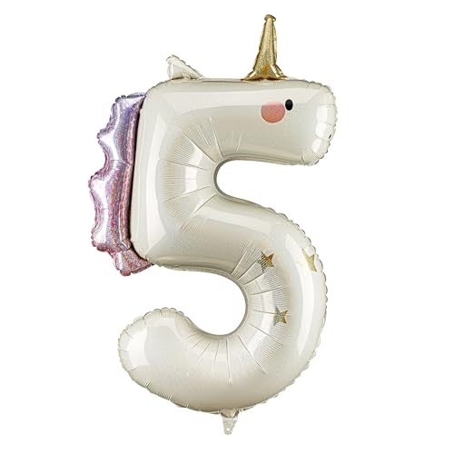 HIKIhooray XXL Einhorn Zahlenballon 5 Holografischer Folienballon 93 cm für Kindergeburtstag