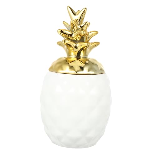 SHERCHPRY European-style Ceramic Pineapple Ornament Jewelry Storage Jar with Lid Desktop Decoration Office Table Adornment White Bottle Gold Cover Large