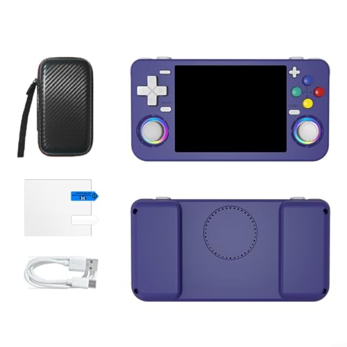 HomeVortex Consola de juegos portátil retro con pantalla de laminación completa IPS OCA de 3.5 pulgadas, resolución de 640 x 480, más de 18.000 juegos integrados, portátil, batería de 4000 mAh (morado