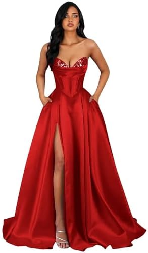 Strapless Prom Dresses for Women 2026 Long Satin Evening Dress A-...