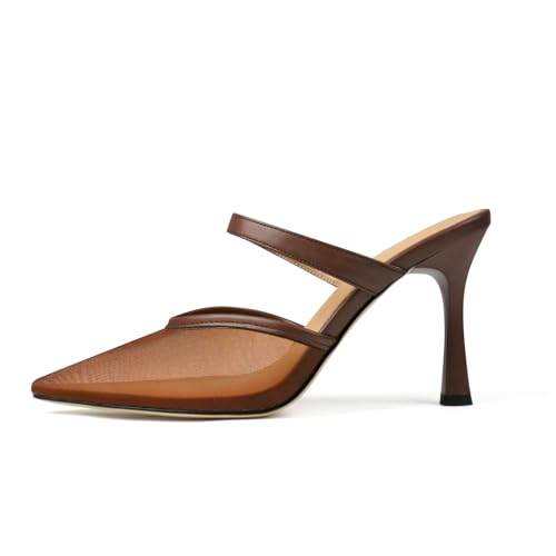 Mesh Kitten Heels for Women Slip On Pointed Closed Toe Mules Heeled Sandals Cute Pumps Dress Party